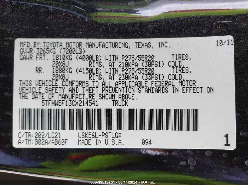 2012 Toyota Tundra Limited 5.7L V8 VIN: 5TFHW5F13CX214541 Lot: 39619751