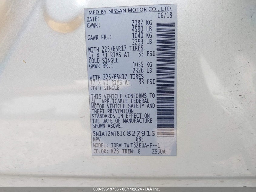 2018 Nissan Rogue Sv VIN: 5N1AT2MT8JC827915 Lot: 39619756