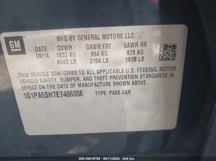 2014 Chevrolet Cruze Ls Auto VIN: 1G1PA5SH7E7486356 Lot: 39619769