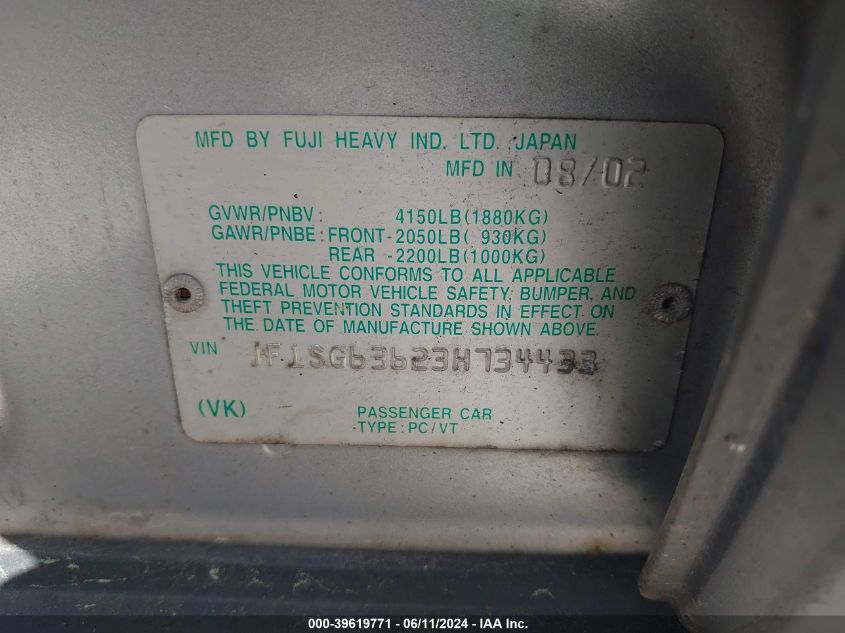 2003 Subaru Forester X VIN: JF1SG63623H734433 Lot: 39619771