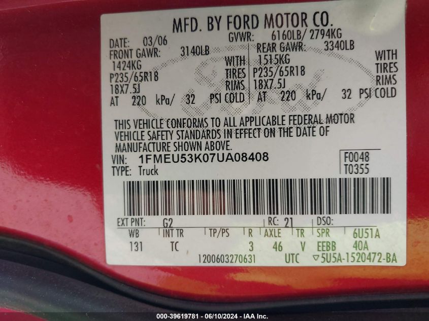 2007 Ford Explorer Sport Trac Limited VIN: 1FMEU53K07UA08408 Lot: 39619781