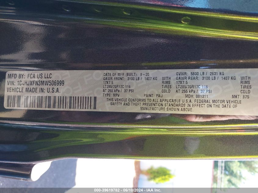 2021 Jeep Wrangler Unlimited Rubicon 4X4 VIN: 1C4HJXFN3MW506999 Lot: 39619782