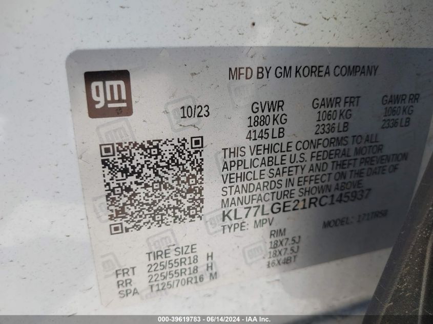 2024 Chevrolet Trax Fwd 1Rs VIN: KL77LGE21RC145937 Lot: 39619783