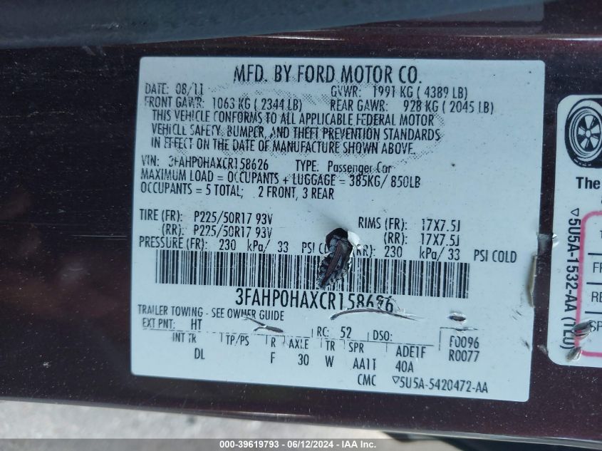 2012 Ford Fusion Se VIN: 3FAHP0HAXCR158626 Lot: 39619793