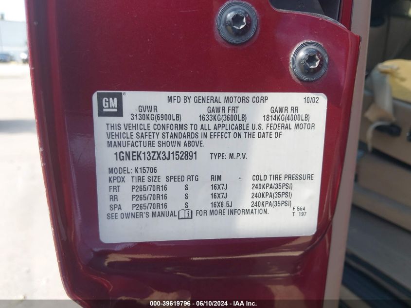 2003 Chevrolet Tahoe Lt VIN: 1GNEK13ZX3J152891 Lot: 39619796