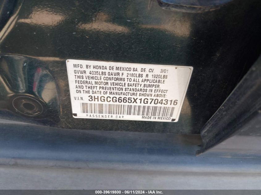 2001 Honda Accord 2.3 Lx VIN: 3HGCG665X1G704316 Lot: 39619800