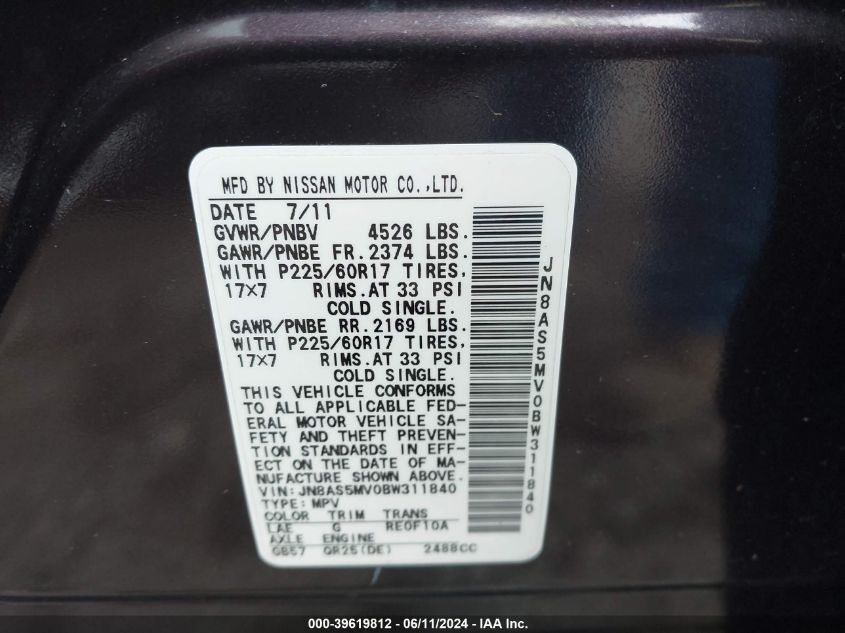 2011 Nissan Rogue Sv VIN: JN8AS5MV0BW311840 Lot: 39619812