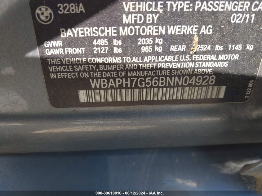 2011 BMW 328I VIN: WBAPH7G56BNN04928 Lot: 39619816