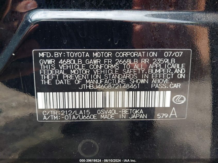 JTHBJ46G872148461 2007 Lexus Es 350