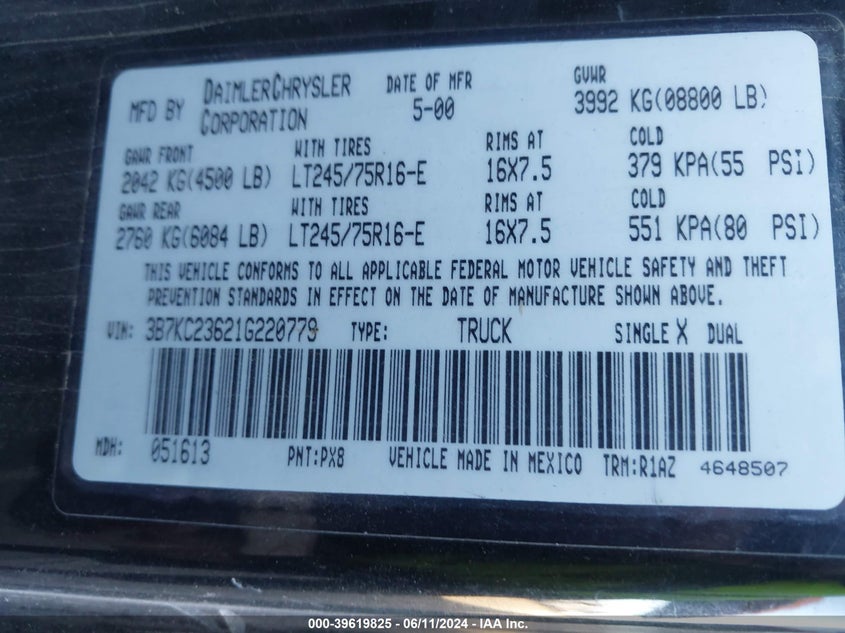 2001 Dodge Ram 2500 St VIN: 3B7KC23621G220779 Lot: 39619825