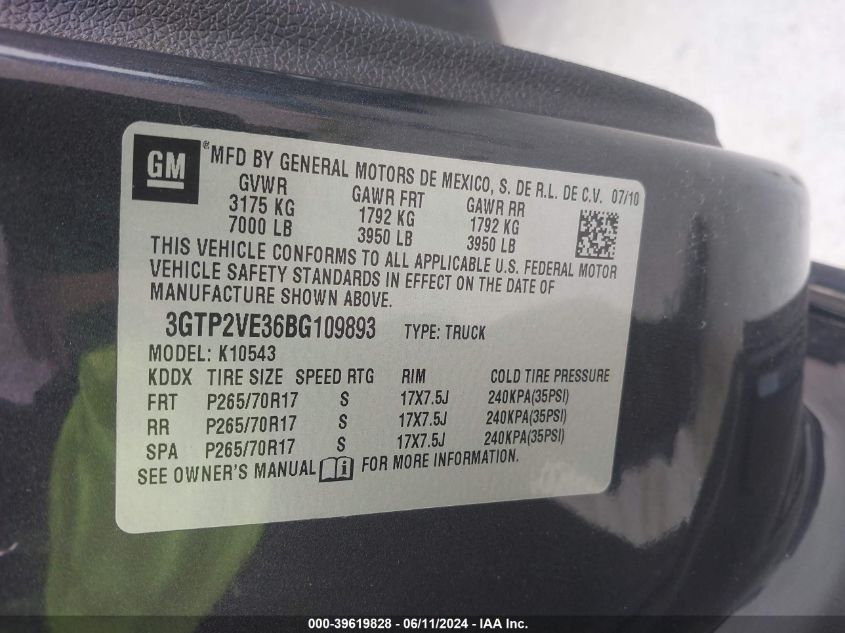 2011 GMC Sierra 1500 Sle VIN: 3GTP2VE36BG109893 Lot: 39619828