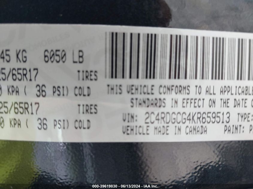 2019 Dodge Grand Caravan Sxt VIN: 2C4RDGCG4KR659513 Lot: 39619830