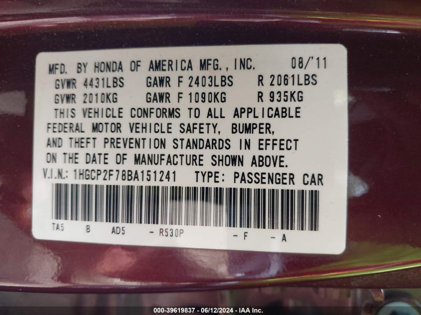 2011 Honda Accord 2.4 Ex VIN: 1HGCP2F78BA151241 Lot: 39619837