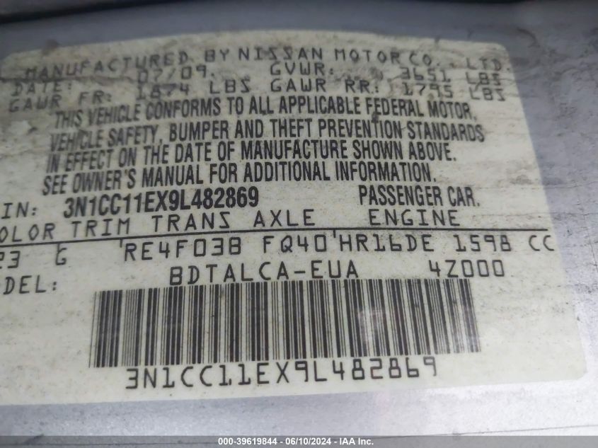 2009 Nissan Versa 1.6 VIN: 3N1CC11EX9L482869 Lot: 39619844
