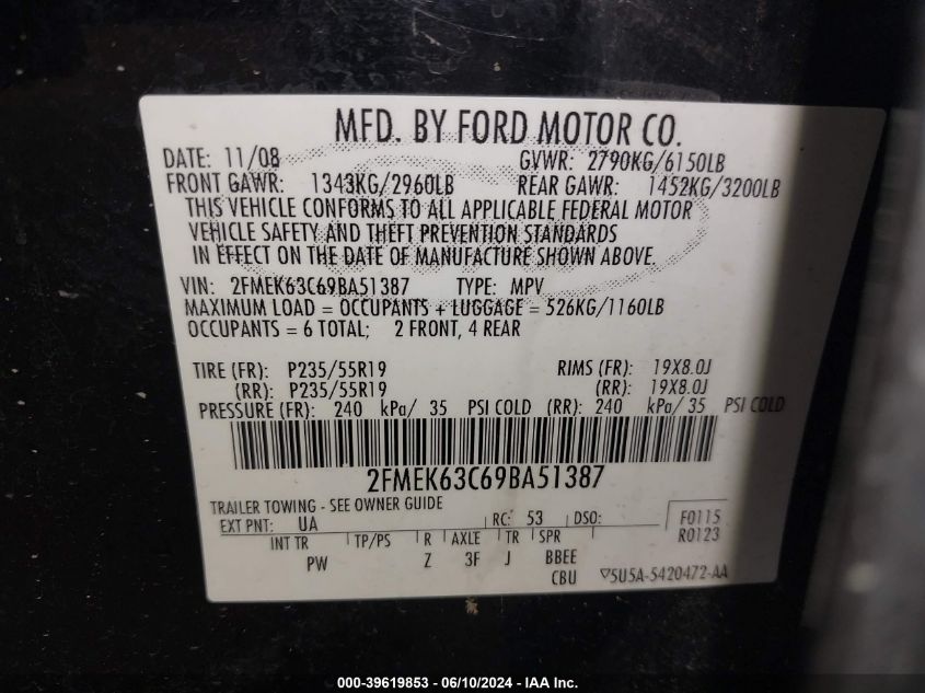 2009 Ford Flex Limited VIN: 2FMEK63C69BA51387 Lot: 39619853