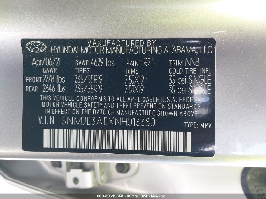 2022 Hyundai Tucson Limited VIN: 5NMJE3AEXNH013380 Lot: 39619858