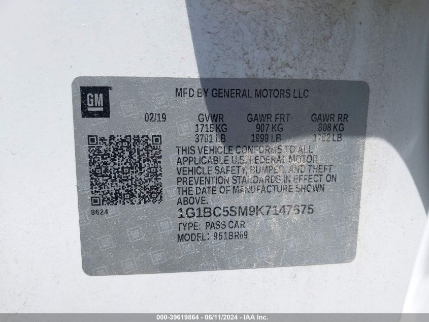 2019 Chevrolet Cruze Ls VIN: 1G1BC5SM9K7147675 Lot: 39619864