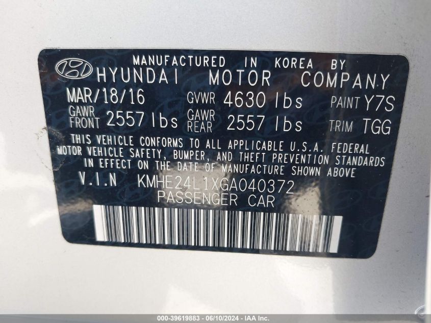 2016 Hyundai Sonata Hybrid Se VIN: KMHE24L1XGA040372 Lot: 39619883