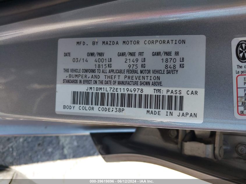 2014 Mazda Mazda3 I Touring VIN: JM1BM1L72E1194978 Lot: 39619896