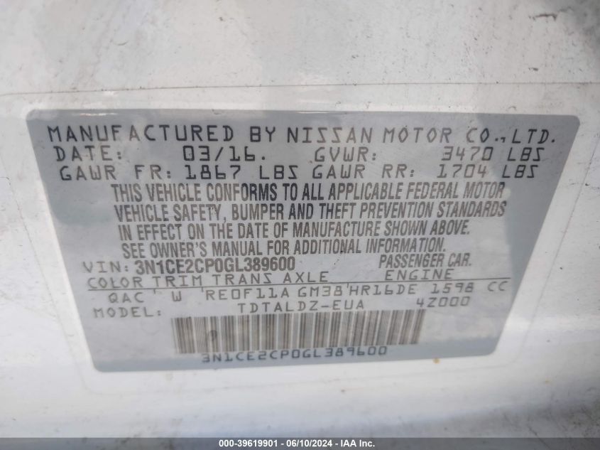 2016 Nissan Versa Note Sv VIN: 3N1CE2CP0GL389600 Lot: 39619901