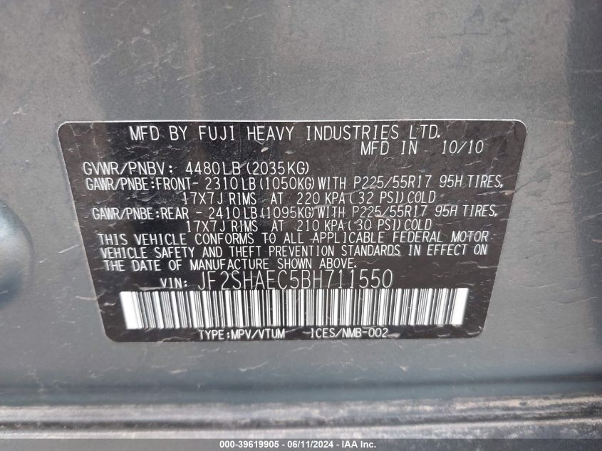 2011 Subaru Forester 2.5X Limited VIN: JF2SHAEC5BH711550 Lot: 39619905