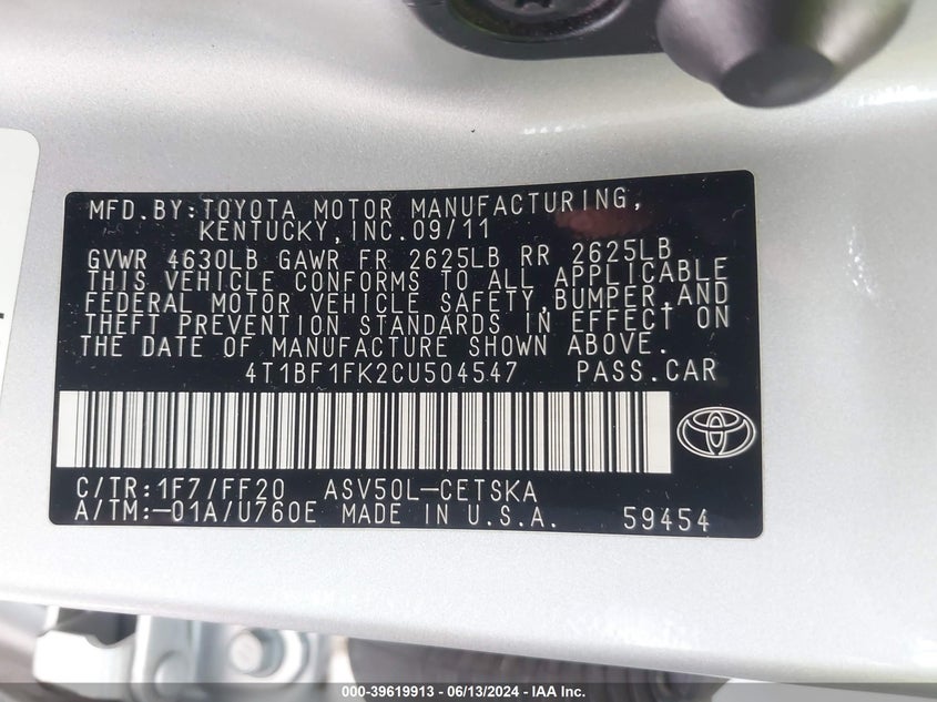 2012 Toyota Camry Se VIN: 4T1BF1FK2CU504547 Lot: 39619913