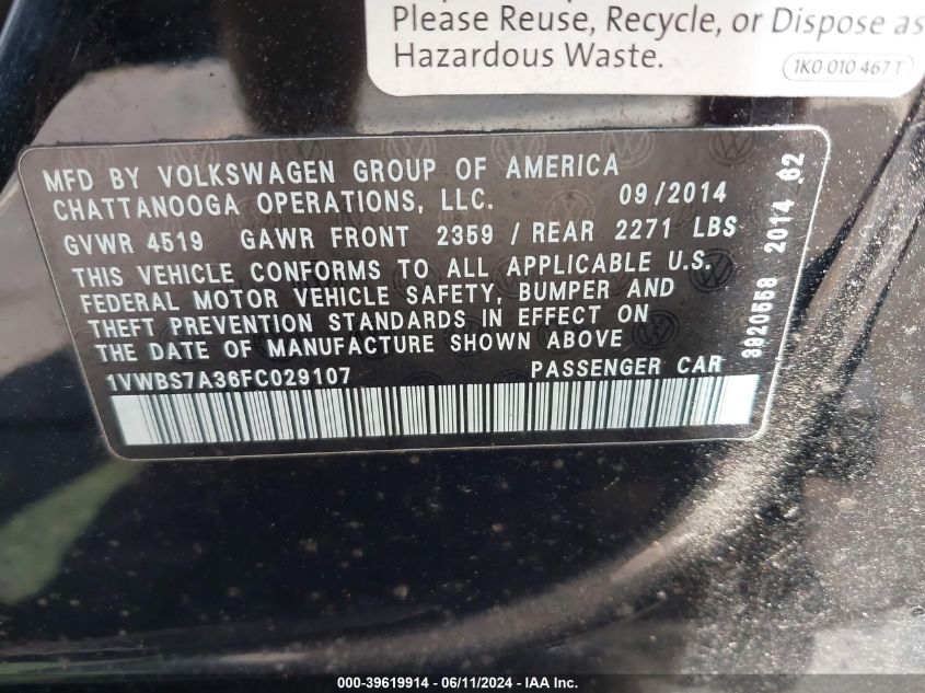 2015 Volkswagen Passat 1.8T Se VIN: 1VWBS7A36FC029107 Lot: 39619914