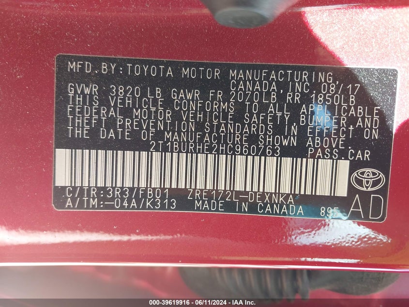 2017 Toyota Corolla Le VIN: 2T1BURHE2HC960763 Lot: 39619916