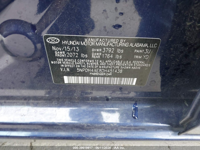 2013 Hyundai Elantra Limited VIN: 5NPDH4AE8DH451438 Lot: 39619917