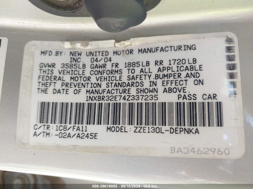 2004 Toyota Corolla Le VIN: 1NXBR32E74Z337235 Lot: 39619955