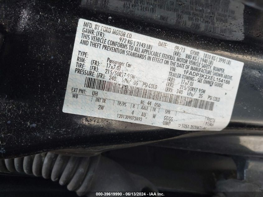 2014 Ford Focus Se VIN: 1FADP3K2XEL154188 Lot: 39619990