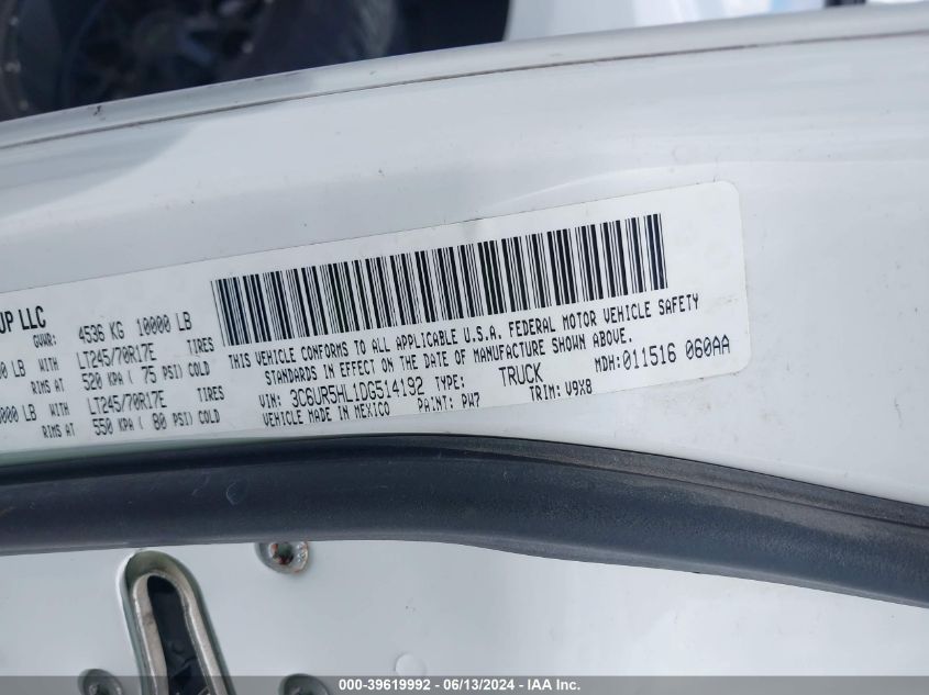 2013 Ram 2500 Tradesman VIN: 3C6UR5HL1DG514192 Lot: 39619992