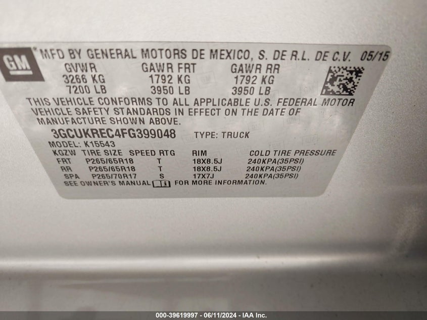 2015 Chevrolet Silverado 1500 2Lt VIN: 3GCUKREC4FG399048 Lot: 39619997