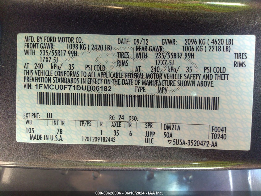 2013 Ford Escape S VIN: 1FMCU0F71DUB06182 Lot: 39620006