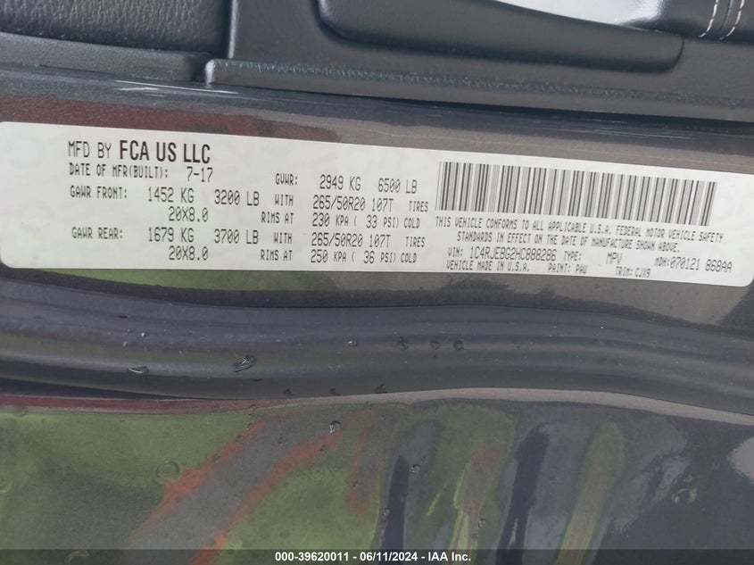 2017 Jeep Grand Cherokee Limited 4X2 VIN: 1C4RJEBG2HC888286 Lot: 39620011