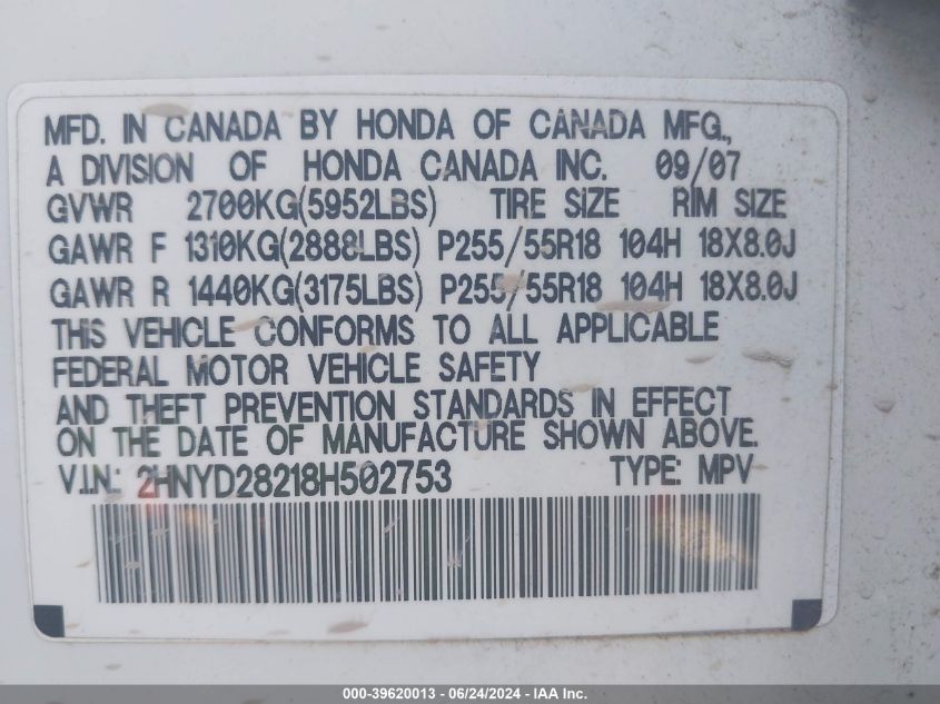 2008 Acura Mdx VIN: 2HNYD28218H502753 Lot: 39620013
