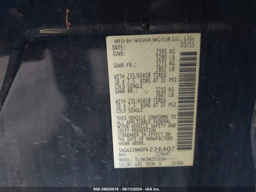 2015 Nissan Murano Sl VIN: 5N1AZ2MH0FN226407 Lot: 39620016