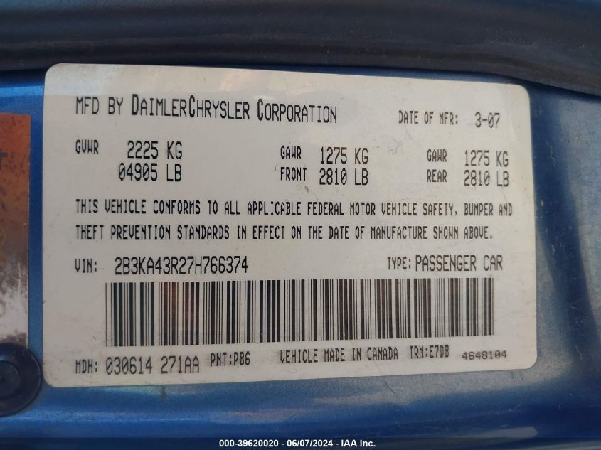 2007 Dodge Charger VIN: 2B3KA43R27H766374 Lot: 39620020
