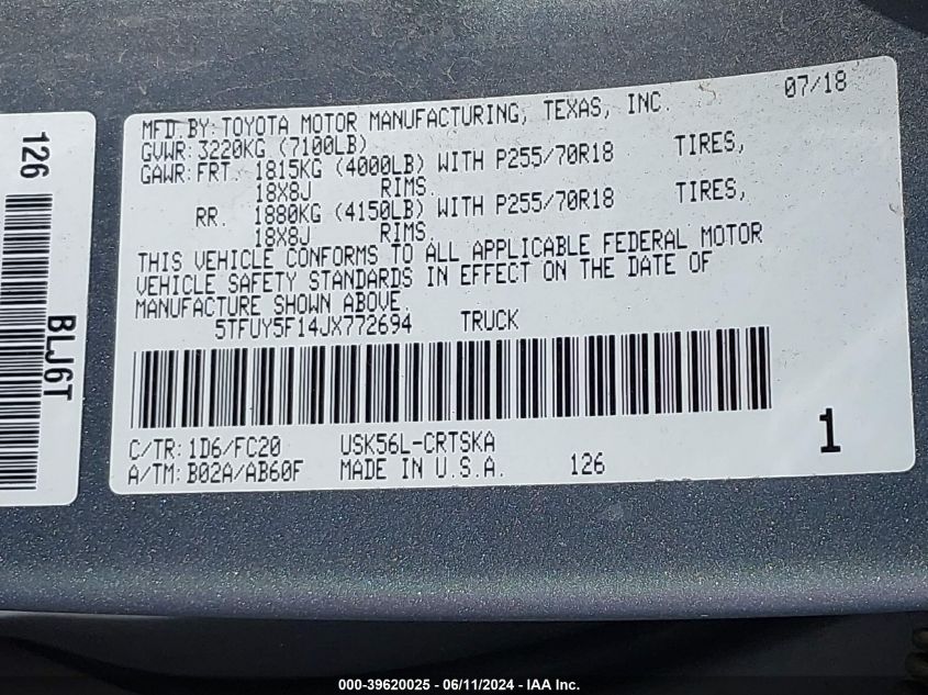 2018 Toyota Tundra Sr5 5.7L V8 VIN: 5TFUY5F14JX772694 Lot: 39620025