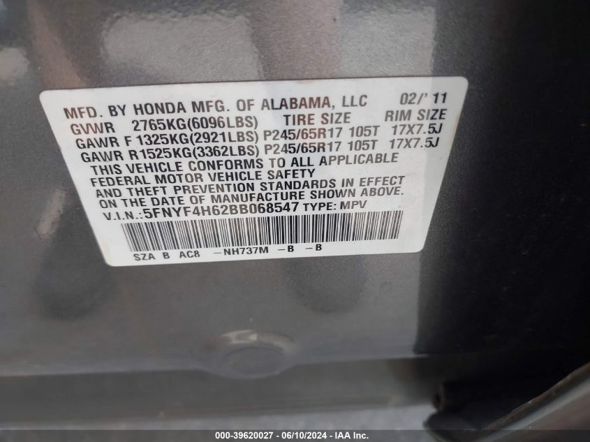 2011 Honda Pilot Ex-L VIN: 5FNYF4H62BB068547 Lot: 39620027