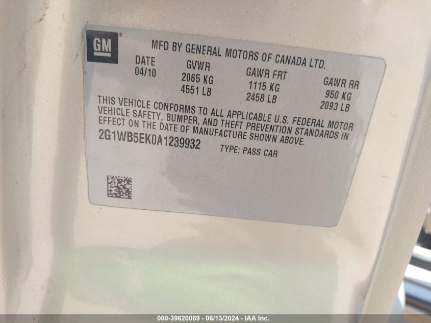 2010 Chevrolet Impala Lt VIN: 2G1WB5EK0A1239932 Lot: 39620069