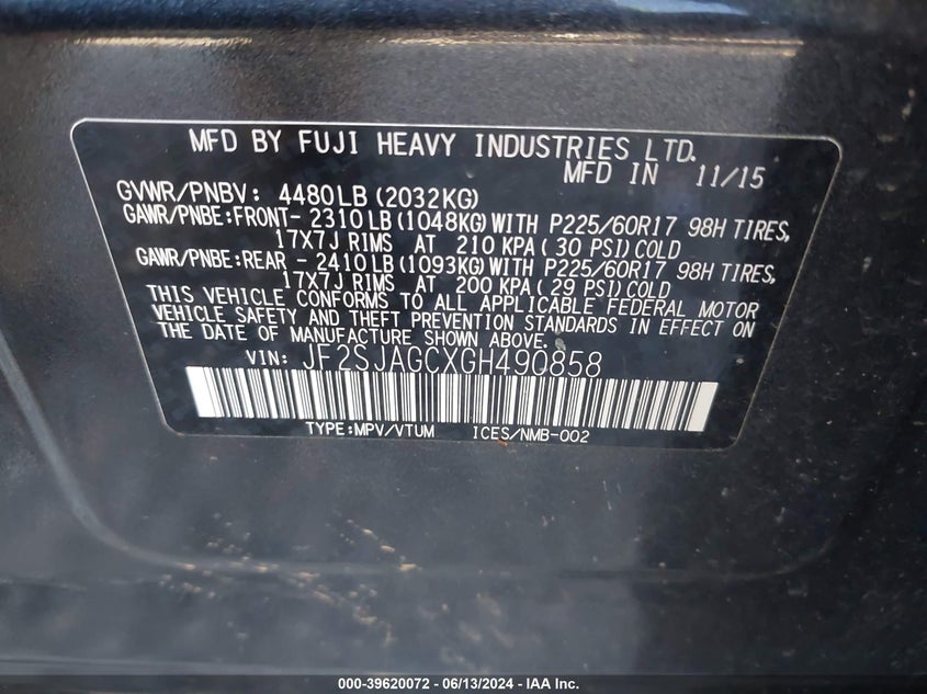 2016 Subaru Forester 2.5I Premium VIN: JF2SJAGCXGH490858 Lot: 39620072