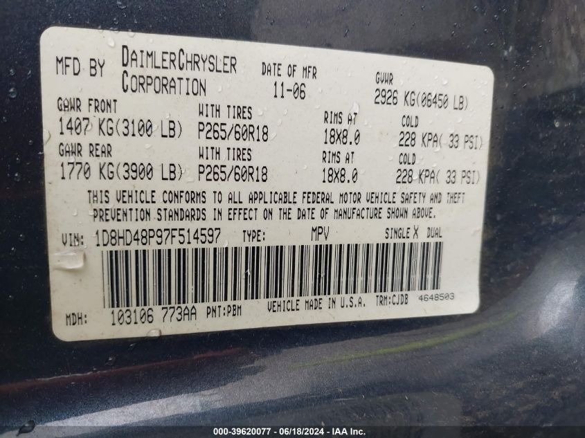 2007 Dodge Durango Slt VIN: 1D8HD48P97F514597 Lot: 39620077