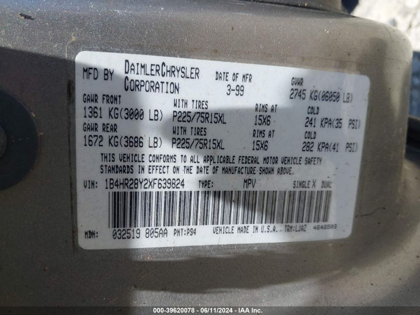 1999 Dodge Durango VIN: 1B4HR28Y2XF639824 Lot: 39620078