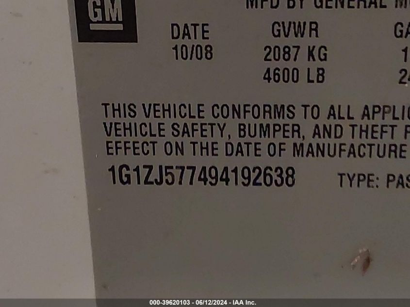 2009 Chevrolet Malibu Lt VIN: 1G1ZJ577494192638 Lot: 39620103