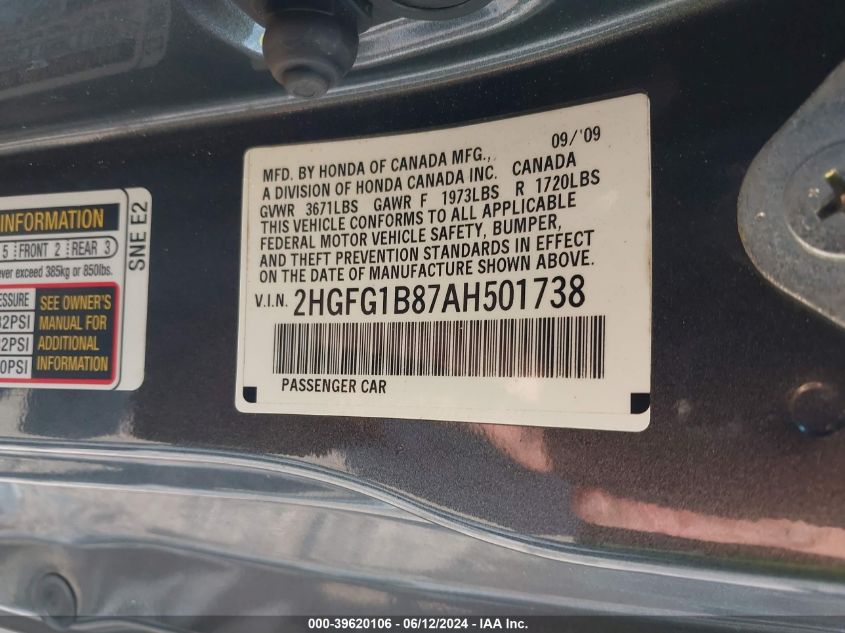 2010 Honda Civic Ex VIN: 2HGFG1B87AH501738 Lot: 39620106