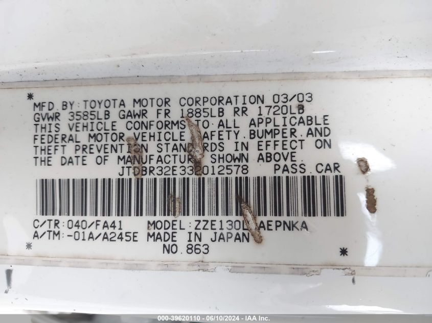 2003 Toyota Corolla Le VIN: JTDBR32E332012578 Lot: 39620110