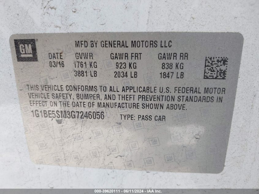 2016 Chevrolet Cruze Lt Auto VIN: 1G1BE5SM3G7246056 Lot: 39620111