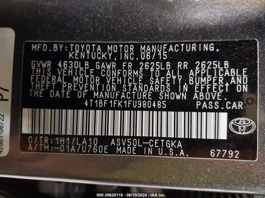 2015 Toyota Camry Xle VIN: 4T1BF1FK1FU980485 Lot: 39620118