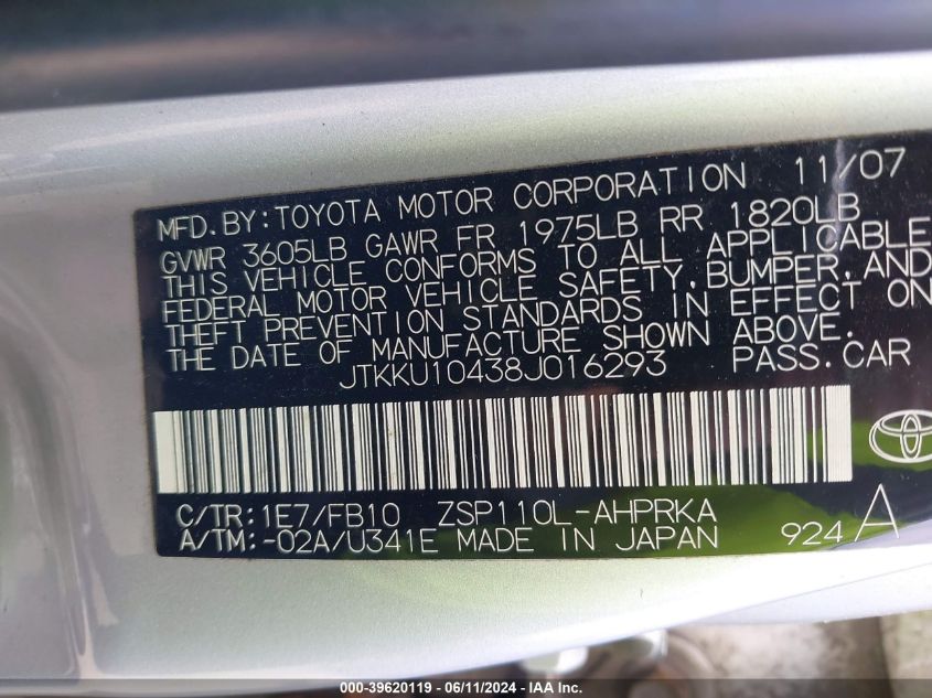 2008 Scion Xd VIN: JTKKU10438J016293 Lot: 39620119